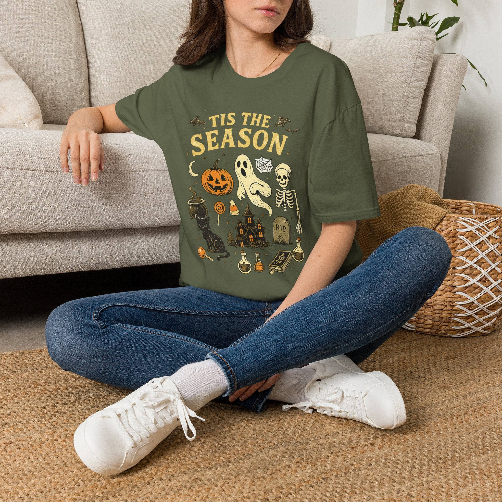 Halloween 'Tis the Season T-Shirt — Cute Spooky Pumpkin, Ghost & Skeleton Tee